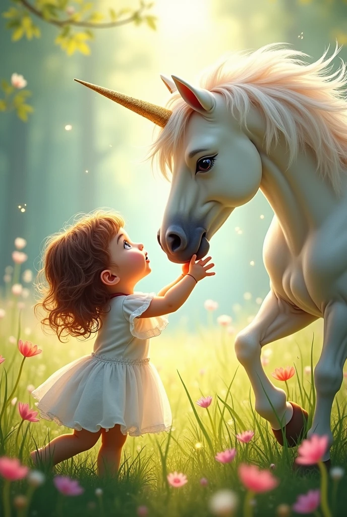 A drawing for a magical tale of a , of Brown hair, who plays with a unicorn