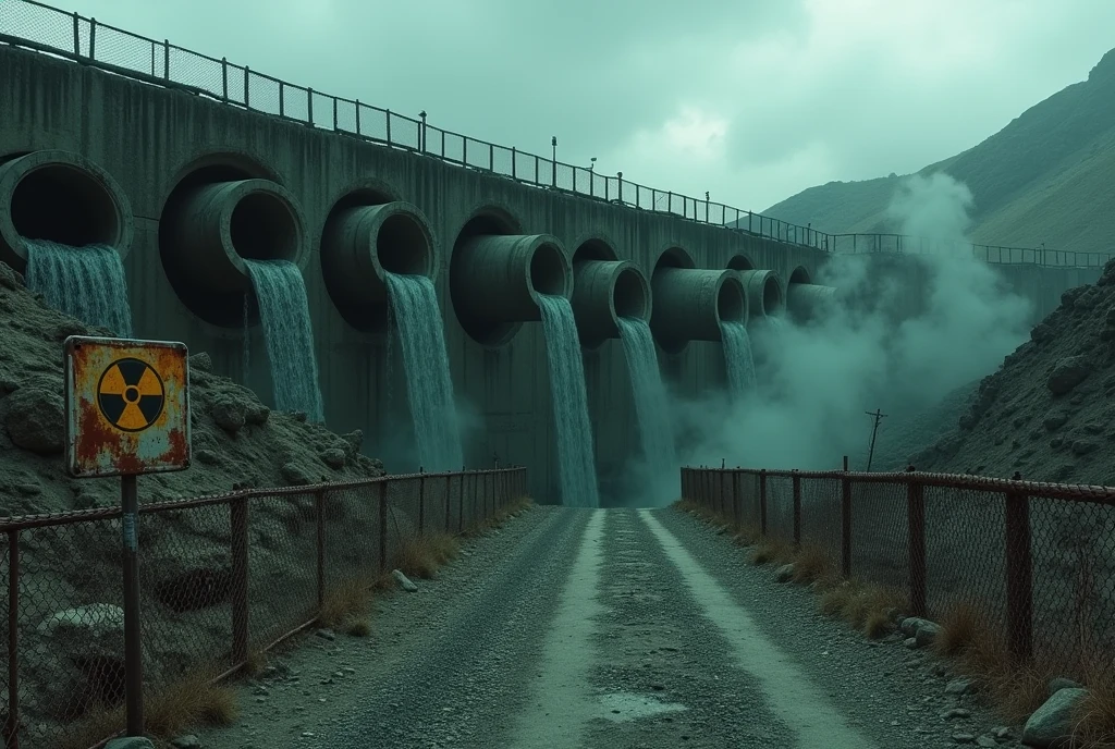 build a giant wall of dark concrete attached to a canyon wall 200 meters high and have ten round pipes with 15 meter diameter openings coming out of it, the pipes are too high on the top of the wall, the pipes are huge, dark and abandoned, green fluorescent radioactive water leaking, falling from a height of 150 meters, has a rusty sign with the radiation symbol on a torn and rusty chain link fence, has a torn and damaged chain link fence, alien structure with cloudy and stormy sky, dark rock soil, steam coming out of the pipes