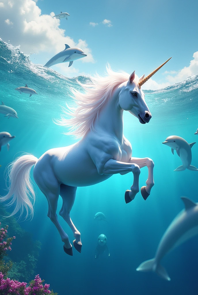 Unicorn flying without wings in the sea with colorful dolphins
