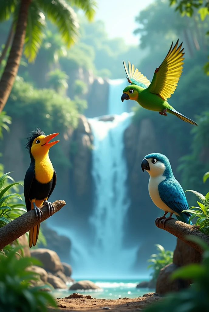 animation with troupial bird and barranquero bird, green parrot and waterfall
