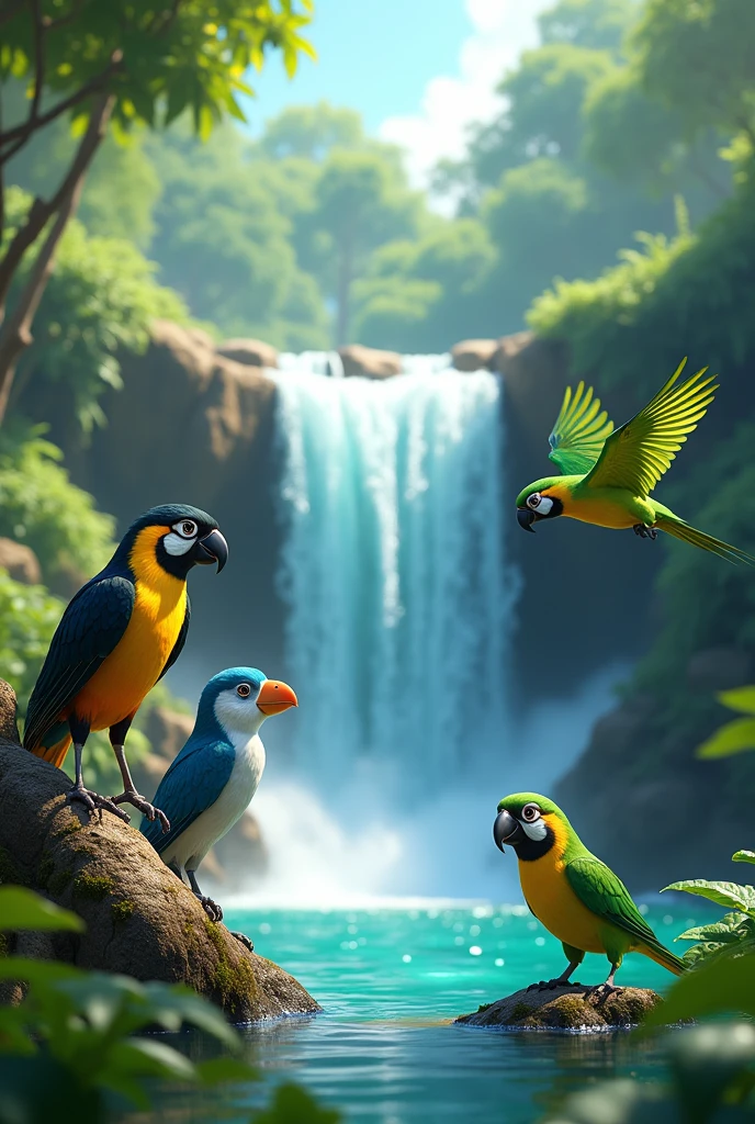 animation with troupial bird and barranquero bird, green parrot and waterfall