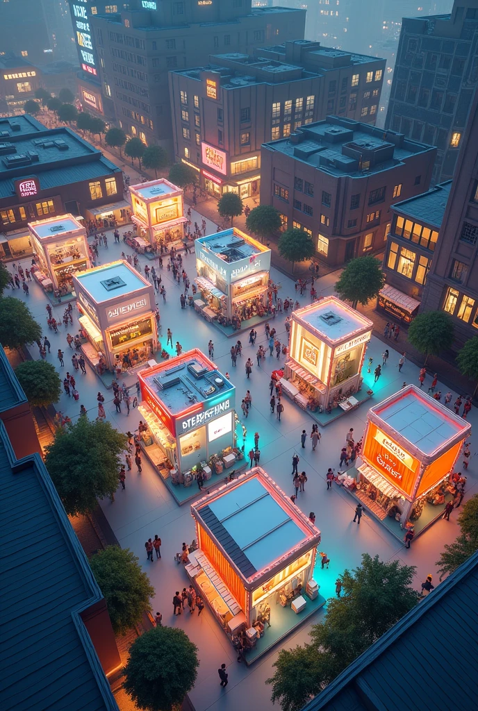 Creative trade fair circulation with 10 stands distributed in a rectangle aerial view image