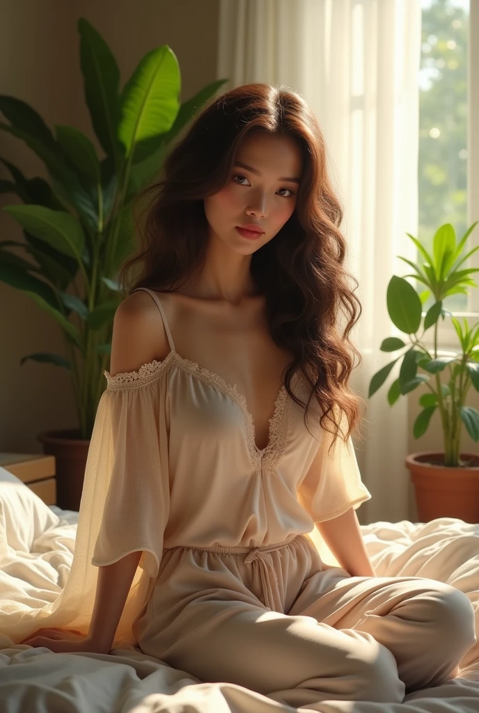 beautiful Thai woman, sitting on bed, wearing transparent loose off-shoulder top, pajama pants, long curly hair, indoors, soft lighting, plants in background, window with sunlight, cozy room, relaxed pose, realistic, intricate details, warm colors