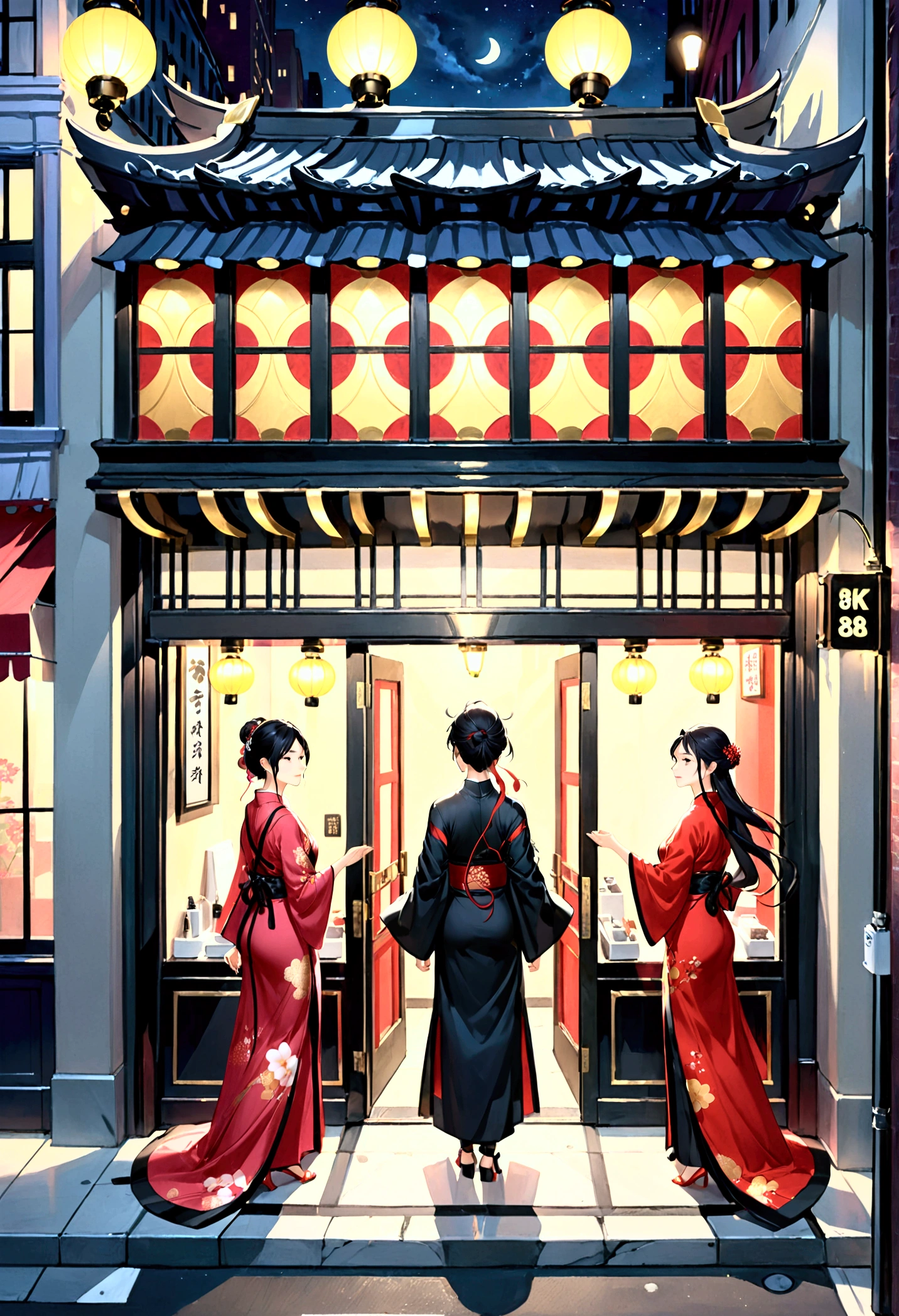 Master Piece, best quality, (extremely detailed CG unity 8k wallpaper), (best quality) 8k detail. COMIC ART, IN 3am in Manhattan 5th Avenue. CLOSE UP ON a dark ninja (we are looking down over his shoulder) crouching on a street light from 30 feet above, ninja is looking down to the front of an Asian nail salon from above the sidewalk, The building as gold accents surrounded by glass and black marble. the front door is in the center of the block. it is night time lights come from above, lights come from street lights. there are no people walking on the block since it is 3am. Two beautiful Asian women in red long dresses stand by the doorway with open arms and smiling.