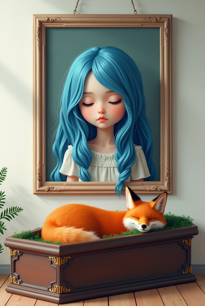 A picture frame with a picture of a girl with very curly blue hair
It is hanging on the wall with an orange fox
A beautiful coffin with a little fox sleeping on it