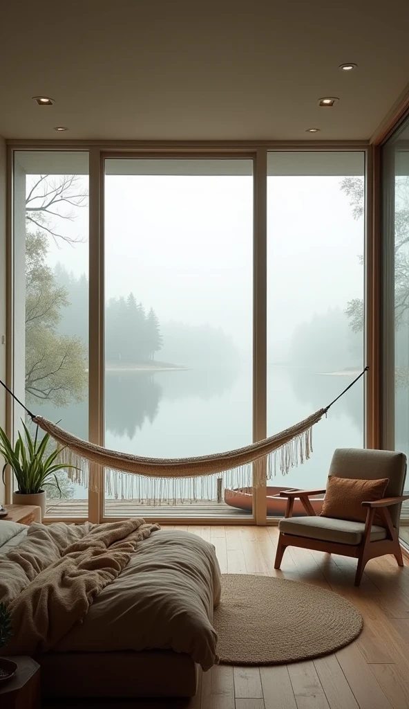 A serene loft space with large windows facing a still, misty lake. The room features a hammock by the window, a bed with earthy, natural fabrics, and an inviting armchair with a throw blanket. A canoe rests quietly by the lake’s edge, adding to the secluded and peaceful atmosphere.