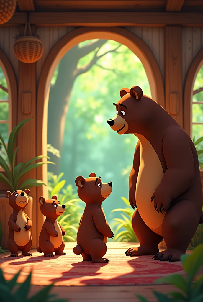 Benito the bear very sad , He apologizes to his mother bear and father bear on his knees and to his 3 little bear brothers and promised never to be away from his family again., in his little house in the forest. colorful animated image