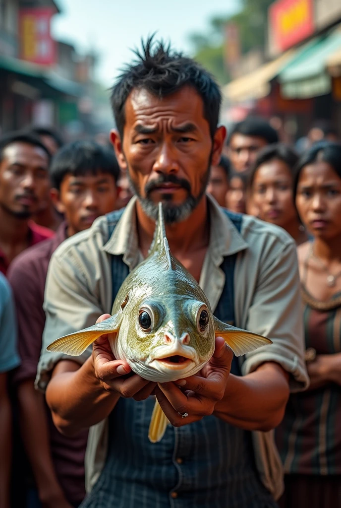 Photography of goat-headed snapper.held by an asian male fisherman,surrounded by many people, holding a goat-headed snapper.((reminds of a goat-headed snapper.)).48KHD resolution,realistic,hyperrealistic,naturalistic,intricate details like real.