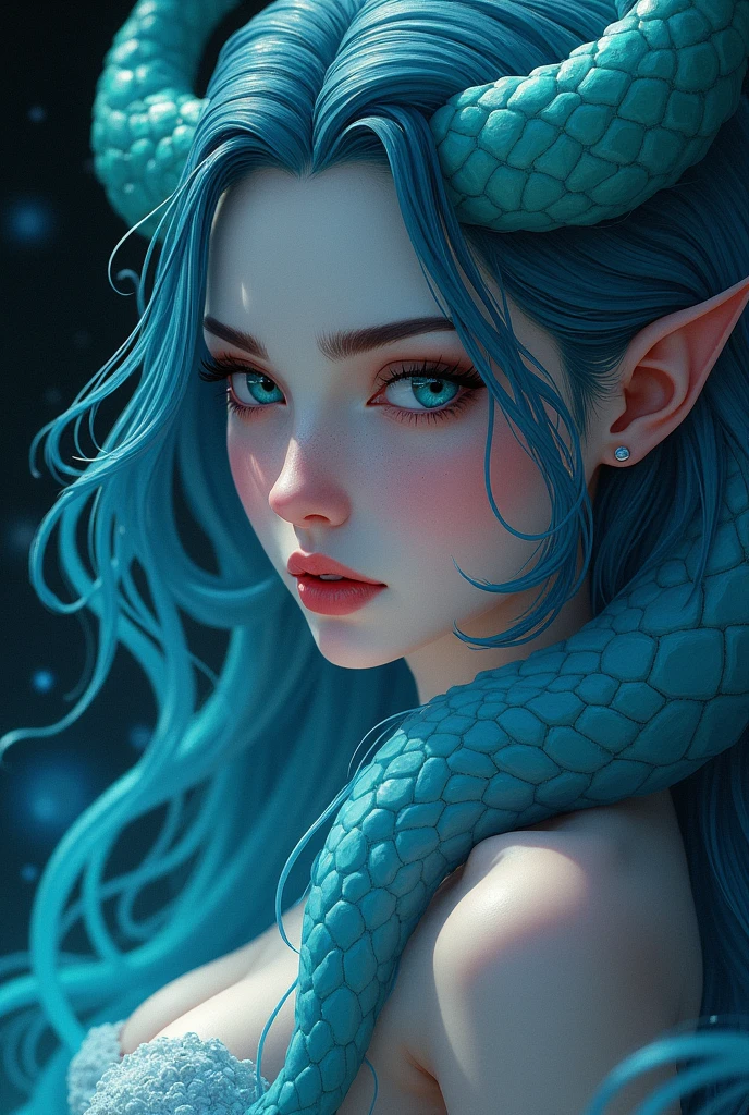 detailed lips, long wavy hair, serpents for hair, fierce expression, pale complexion, mesmerizing gaze, mythical creature, dark and mysterious background, vibrant colors, soft lighting, (hyperrealistic), (illustration), (high resolution), (8K), (extremely detailed), (best illustration), (beautiful detailed eyes), (best quality), (ultra-detailed), (masterpiece), (wallpaper), (photorealistic), (natural light), (detailed face), (high detailed realistic skin texture), (anatomically correct), (solo), (1 girl:1.51), (high detailed realistic hair), (caramel hair:1.35), (heterochromic eyes), (detailed eyes), (blue eyes:1.37), (sparkling eyes), (realistic big breasts:1.5), (slender abs), (dynamic pose), (closed tiny mouth:1.3), (concentrated expression), (upon body from head to thigh:1.33) naked