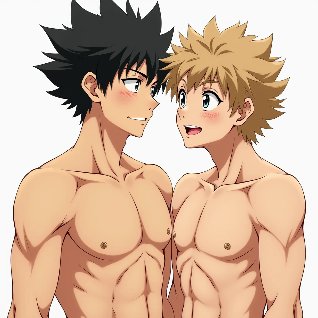 2boys, male focus, muscular male, best quality, amazing quality, best aesthetic, absurdres, gay couple, yaoi, uncensored, very nsfw, official style, year 2023, game cg, looking at viewer, happy, looking at viewer, together on picture, yaoi, gay couple, boyslove, bakugou katsuki, Eijiro Kirishima, boku no hero academia, groping from behind, abs, nipples,
