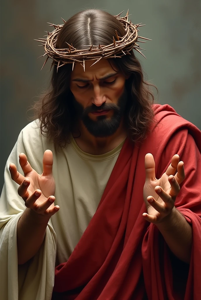 Christ drawing with hands up and crown of thorns on his head png