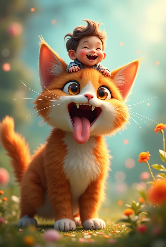 A furry ager cat with a kid sitting on the top of his tongue and having a lot of fun