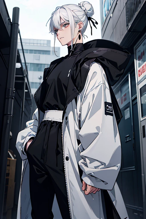 Anime man gradient young white hair short shaved sides flip hair bun to left side in middle serious face with black earrings black sweatshirt speed jeans futuristic clothes black dark circles big black hair big brown hair extremely futuristic clothes futuristic clothes skinny sweatshirt black jeans male cloak that covers the shoulders