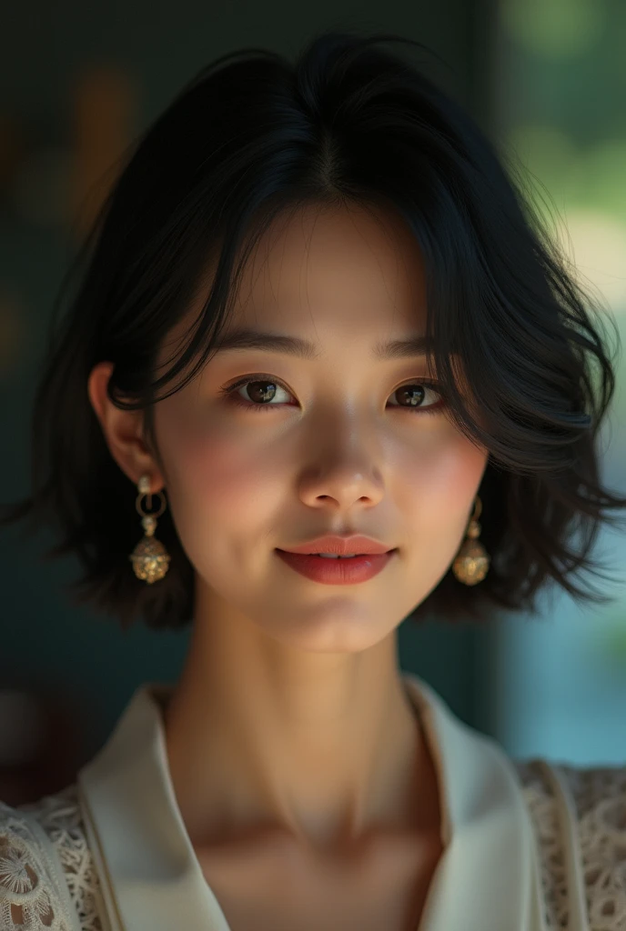 Make a picture of a young Asian (Thai) woman with short hair and earrings smiling sideways. It has a soft bokeh blur texture with dark undertones.