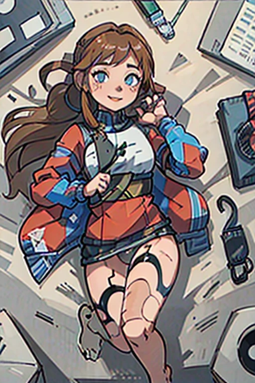 android, beautiful robot. android with blue eyes. Her short brown short pigtails are very short and tied with two big red clothespins, joint seam, black eyes, full body figure, Height: 160cm, She wears only micro mini pantie, show pantie, Uplifting, 21th century japan animation, she wares nothing. She is inserted penis by invisible man. she smiles purely. She is barefoot. She is dakimakura.
