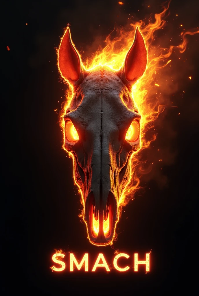 horse on fire skull with black background that says smach