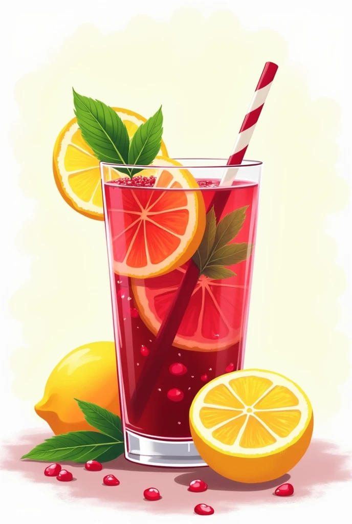 Illustration of refreshing pomegranate drink with mint and lemon 