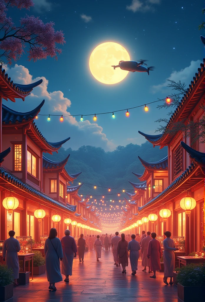 Mid-Autumn Festival、moon、moon、Sun Star、mooncake stalls、concert、band、fireworks、Drones、environment友好型、deliver、celebrate、environment、Villagers、square、Bamboo Lantern、night、celebrate、Artistically、equipment、Deco、Outcast、save、Resources,HD resolution