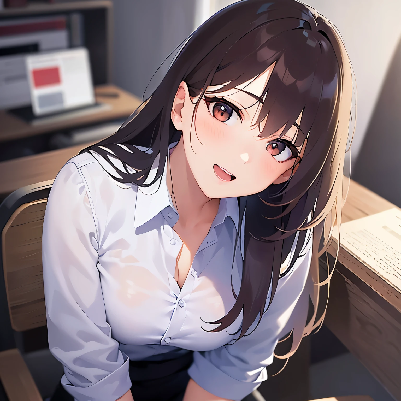 (looking at viewer:1.5),Upper Body, head tilt,Shooting from above、
 Realistic, real person, (pale skin: 1.2), RAW photo, photorealistic, shiny skin, shiny hair、
(A 2 woman with medium-length hair and bangs) and (wavy hair) and (brown hair) and (orange eyes) ,
（white collared shirts）
smile,open mouth,
office、（alone:1.5）
