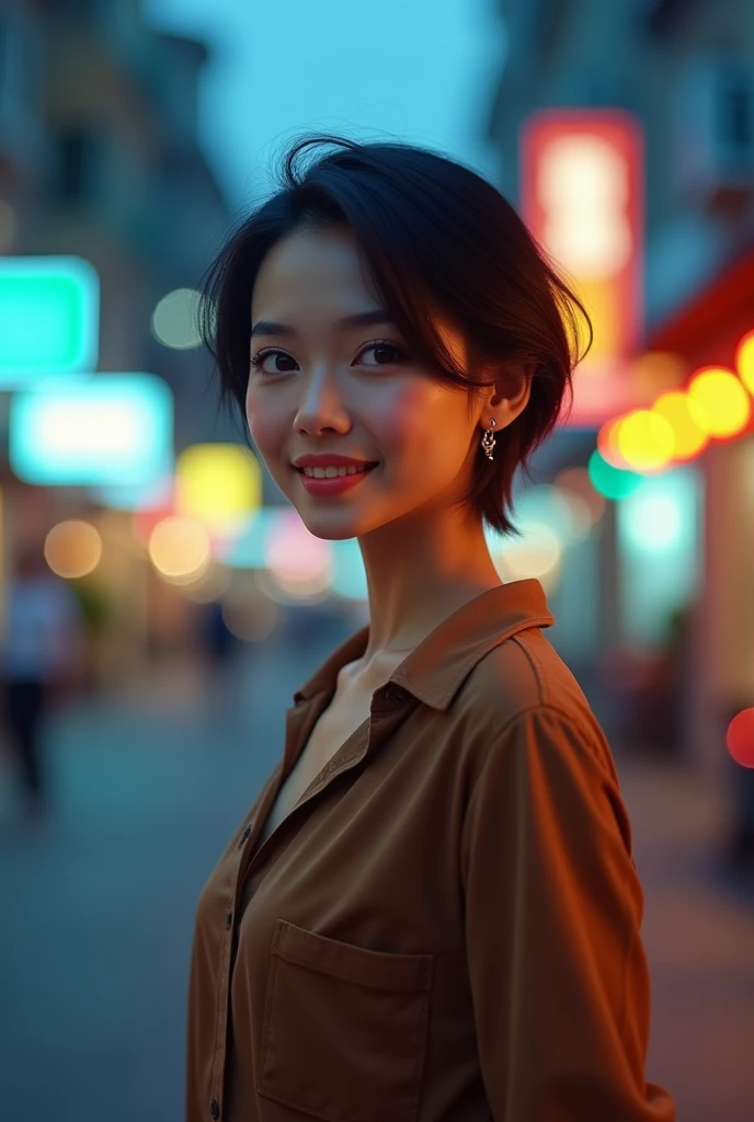 Make a picture of a Thai Asian woman standing in the middle of the street smiling brown shirt with short hair with earrings, a blurred background and blue and yellow lights.