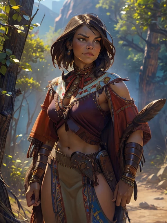 portrait photograph of Lauren Cohan as Pocahontas, young beautiful native american woman, perfect symmetrical face, indigenes feather jewelry, traditional handmade dress, armed female hunter warrior, (((wild west))) environment, Utah landscape, ultra realistic, concept art, elegant, ((intricate)), ((highly detailed)), depth of field, ((professionally color graded)), soft ambient lighting, dusk, 8k, art by artgerm and greg rutkowski and alphonse mucha