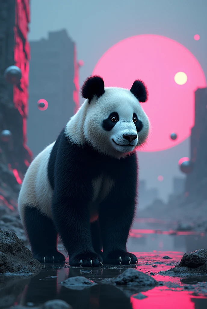 create a background that attracts people with a panda in the background, I want the image to be striking and futuristic, be modern for facebook cover write the word THE PANDA at the top