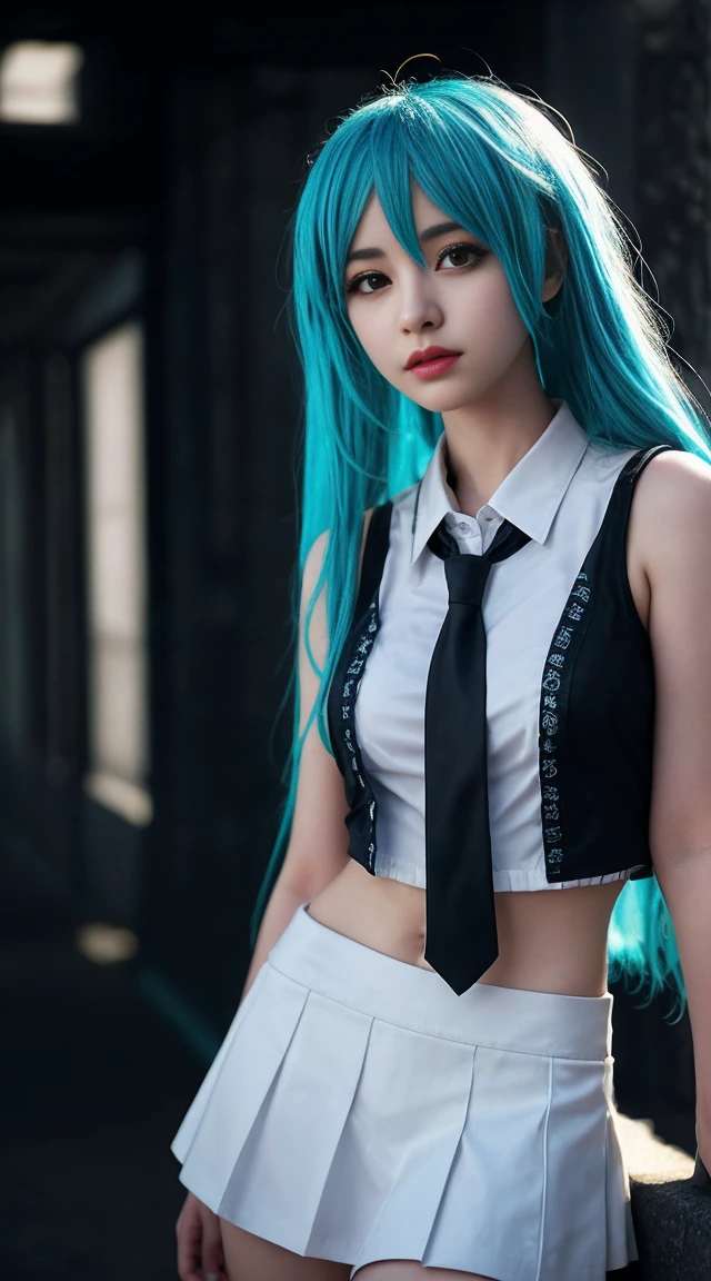 Genius cosplayer girl of Hatsune Miku, intricate detail Highly Detailed Eyes, Faded, Japanese high school white sailor suit, long White collar shirts with Sleeveless, sky blue tiny tie, black skirt, black arm cover, 16K resolution, RAW, Nikon Z9, Creative, Masterpiece, Fantasy, High Definition, High Quality, 8k, Realistic, Dramatic Lighting, Soft Focus, Digital Illustration, Intricate Mechanics, Advanced Techniques, Dark Background Cinematic, High Contrast, High Contrast Atmosphere, (Best Quality, 4k, 8k, High Definition, Masterpiece: 1. 2), Ultra-Detailed, (Realistic, Graphic, Photorealistic: 1. 4) -- No Glass --AR 16:9 --Stylize 1000