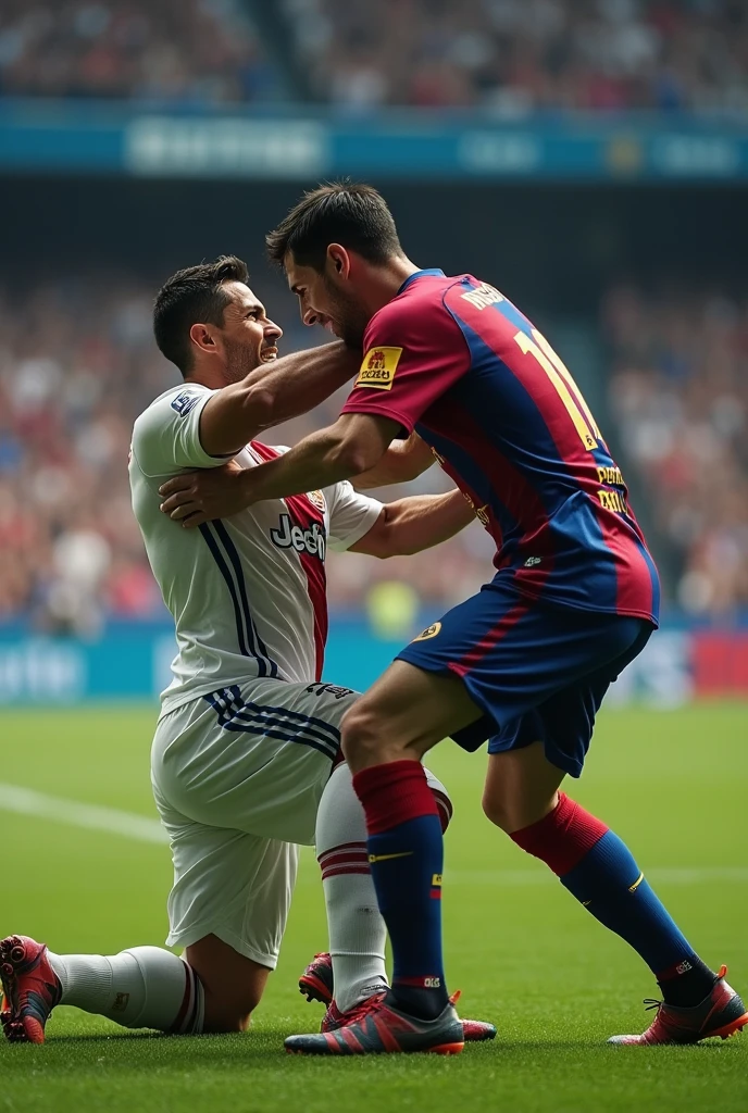 Men footballer roanldo and messi fighting and while fighting ronaldo cried and fall on the ground