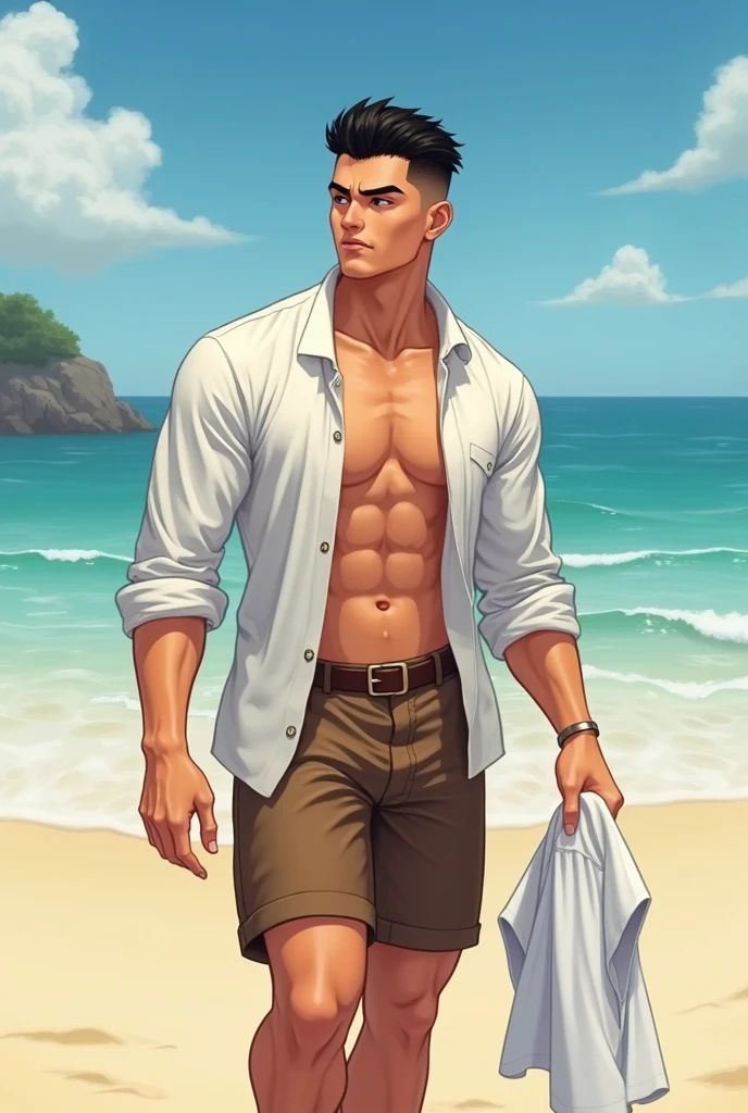 1 man, solo, 41 year old, Chris Redfield, weaing casual gray T-shirt, unbutton white hawaiian shirt outside, tall and hunk, biceps, abs, chest, best quality, masterpiece, high resolution:1.2, upper body shot, beach in the background, detailed face, shadow, volumetric lighting, center focus, low camera angle