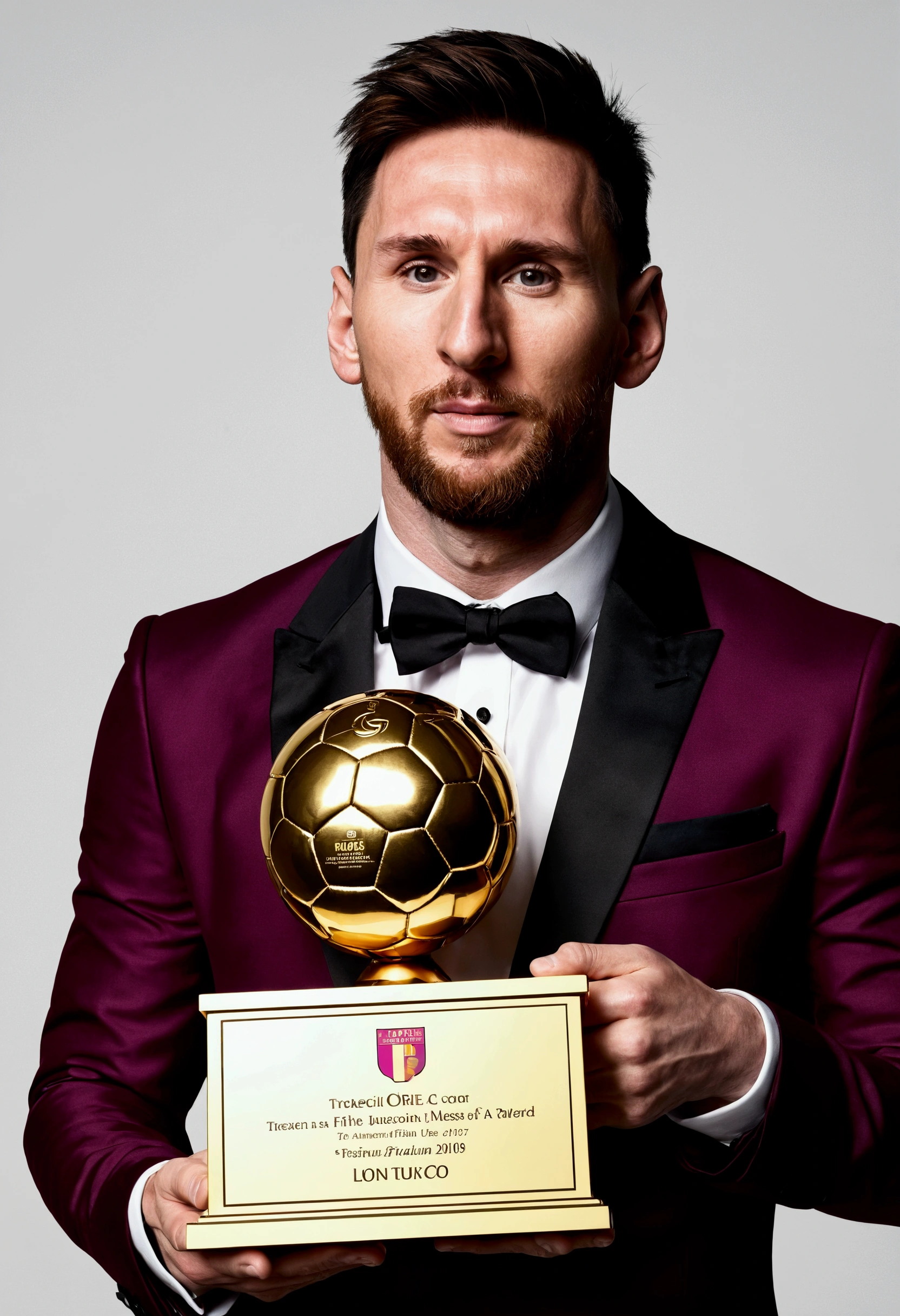 Create a YouTube thumbnail featuring a famous football player (like Lionel Messi) holding a prestigious award (like the Ballon d'Or). Position the player on the right side of the thumbnail, dressed in formal attire (black tuxedo). On the left side, place bold, uppercase text that asks a question related to football awards, such as 'HOW IS FIFA BALLON D'OR SELECTION DONE?' Use white for the main text and yellow to highlight key terms like 'BALLON D'OR.' Ensure the background has a gradient from dark red to purple, with a solid yellow border around the edges. Include a small, simple branding label in the top left corner, using a contrasting color (pink or similar) for the branding text, placed inside a box."
