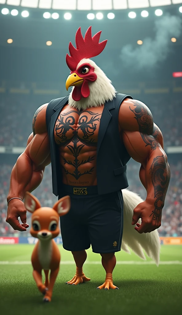 rooster bird in the spotlight, muscular, puffed chest, open black vest, black tattoo, in a soccer stadium, bambi animal, running in front, cheering in the background, black smoke in the air