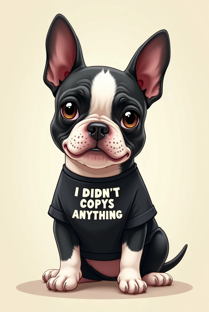 A Boston Terrier wearing a shirt that says he didn&#39;t copy anything 
