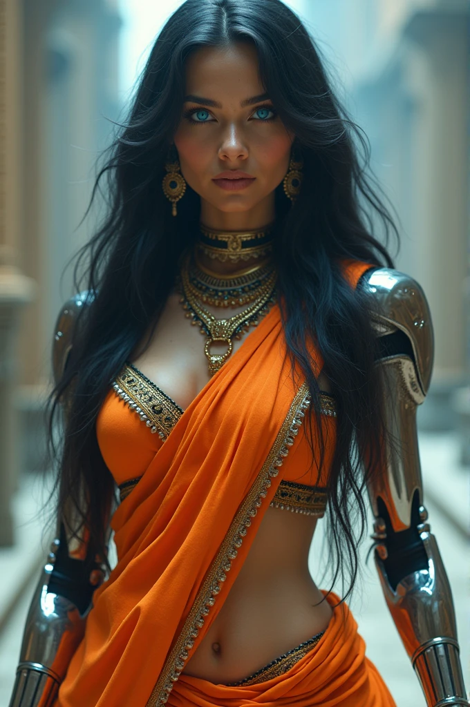 a hot and curvy female with blue eyes and jet black hair, wearing a traditional hindu saree and with a bindi, with navel visible and replace one real arm with a robotic arm