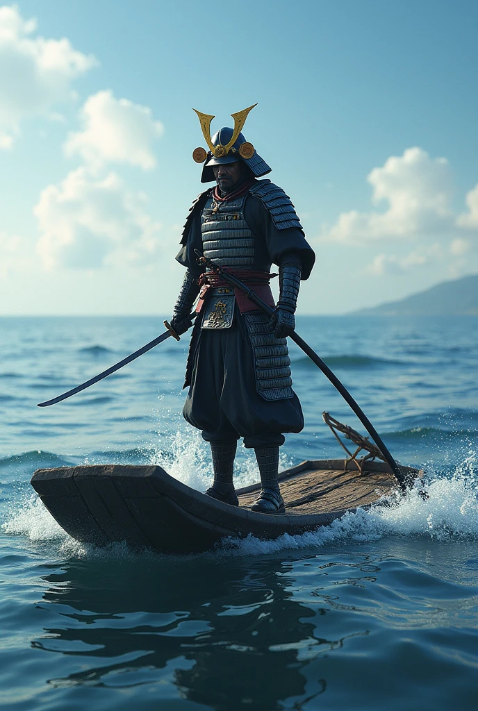 Japanese samurai scorpion on a raft in the ocean