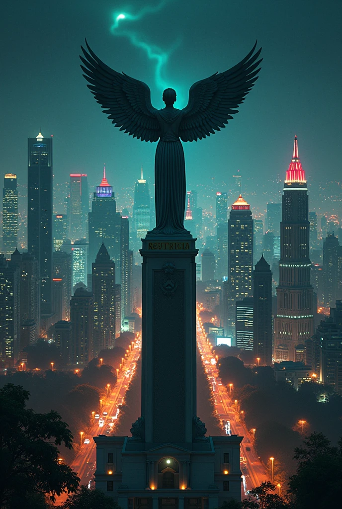 Create a landscape of a city at night with the angel of independence and with letters that say the words reytricia with red, white and green colors