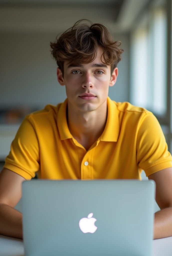Young man in yellow polo shirt with faded hair with his Apple laptop looking at the camera