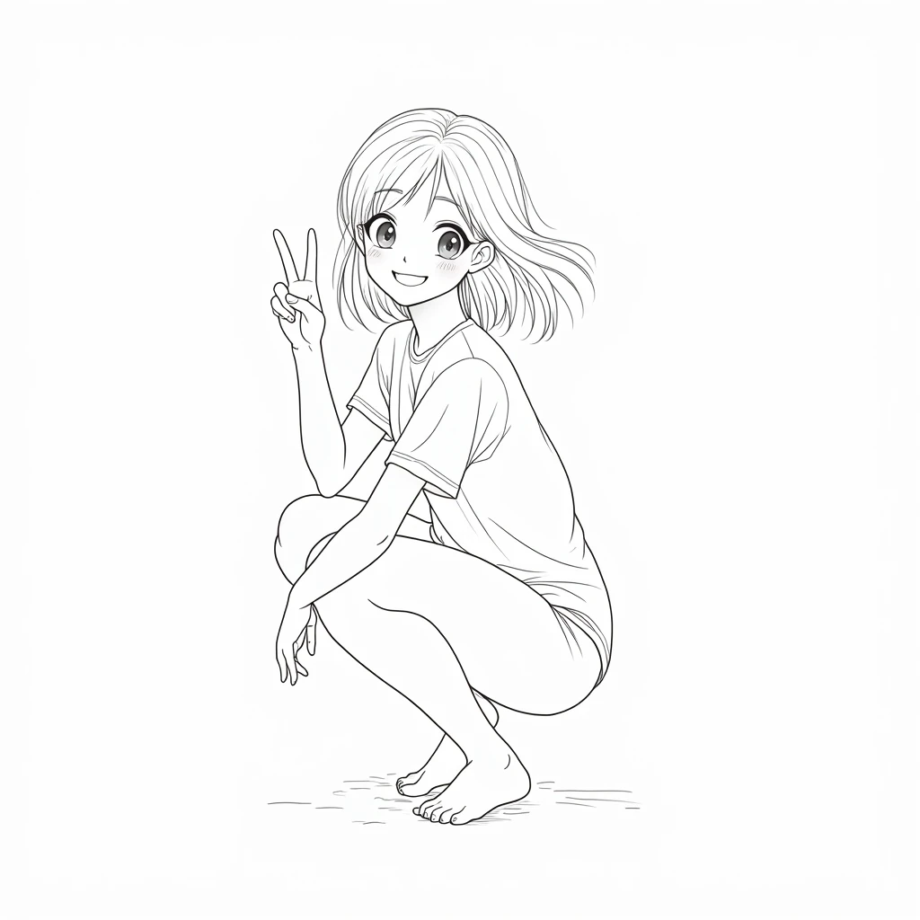 Line art anime woman squat peace sign