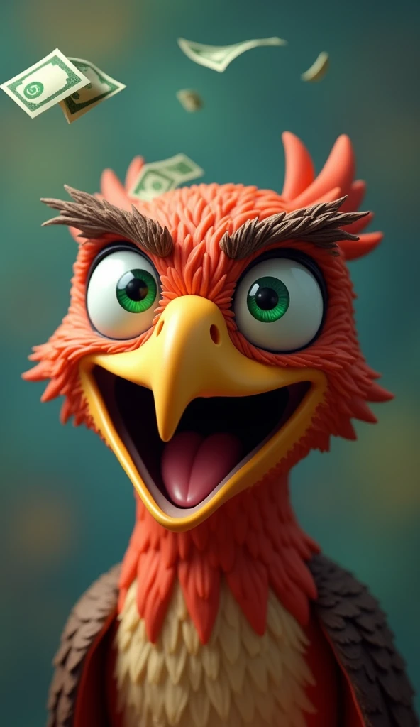 Make an image that has an animated figure of a hawk that looks for promotions and offers with money in its eyes and with a thirst for blood, put his eyes with the money symbol and a crazy face, colorful background, smooth like cake, no blurring