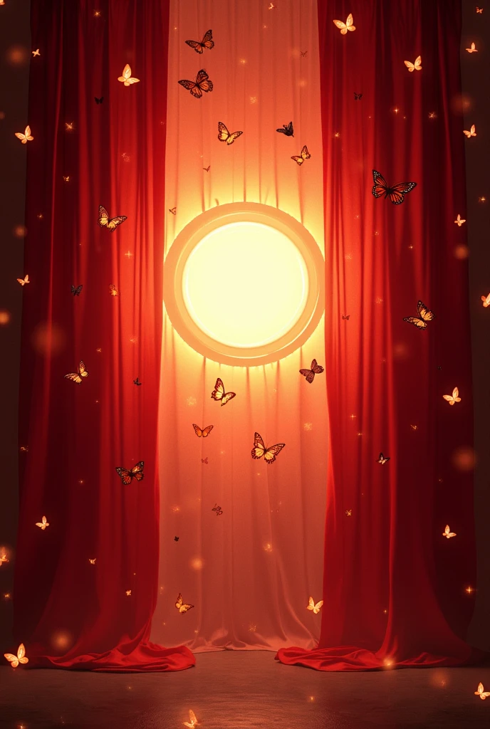 Red curtain with a circle of light in the middle and butterflies fluttering around it