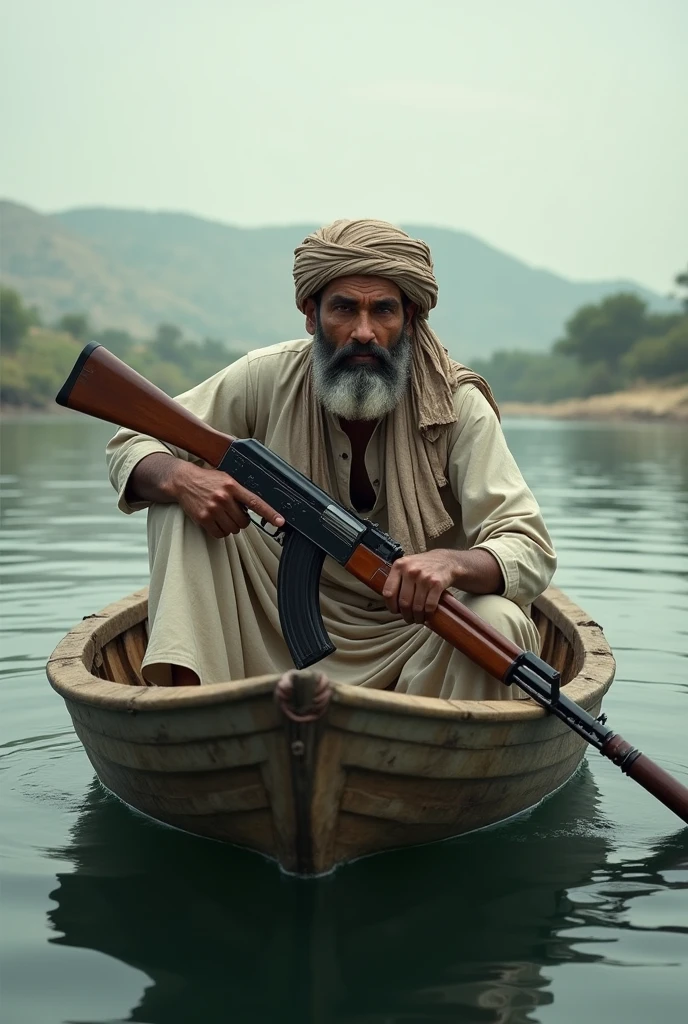 A Pakistani man in tha boat with ak47