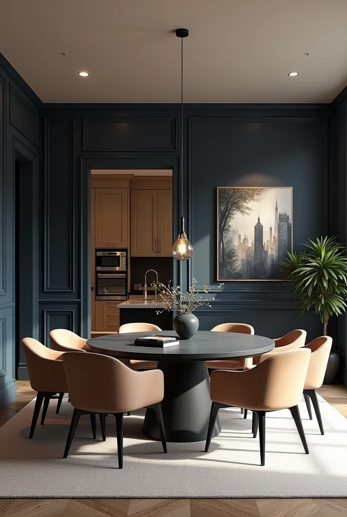 Professional 3d architecture rendering design of modern  dining room with   So dark blue vintage and dark beige 6 chairs and dark gray   Circular table  and  modern  so  modern black wooden consulate and modern windows and complete showing kitchen and beautiful and modern painting wall  and modern windows and showing complete dining room  
