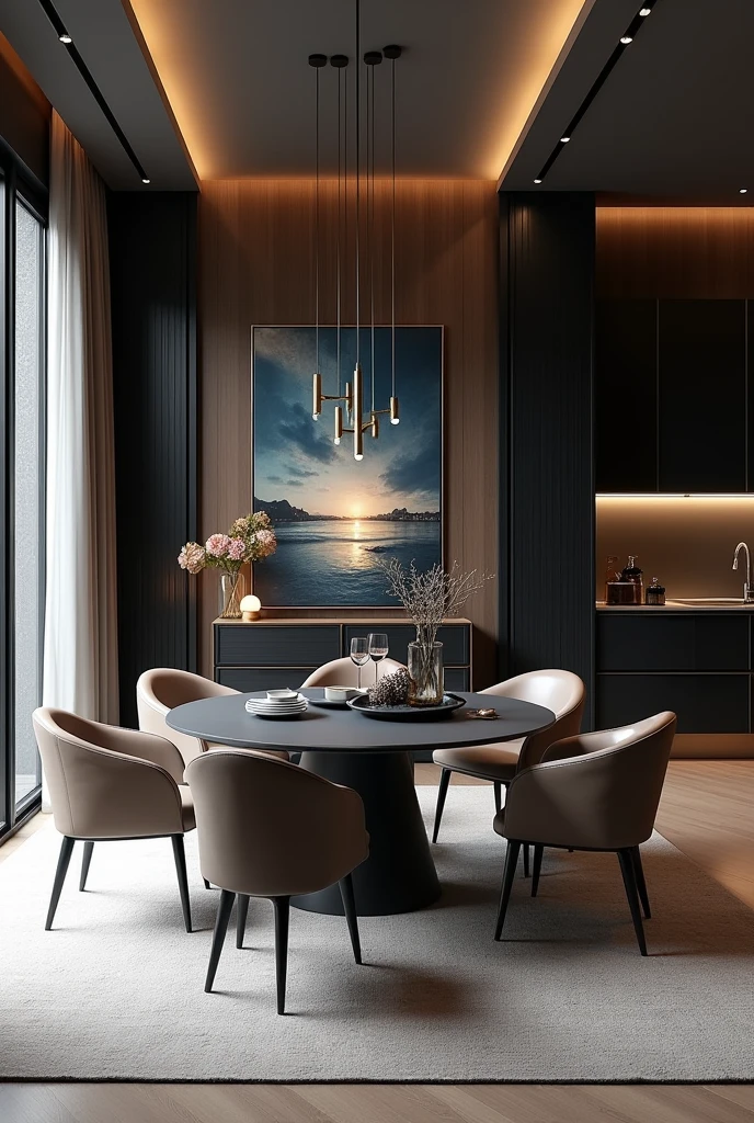 Professional 3d architecture rendering design of modern dining room with So dark blue vintage and dark beige 6 chairs and dark gray Circular table and modern so modern black wooden consulate and modern windows and complete showing kitchen and beautiful and modern painting wall and modern windows and showing complete dining room