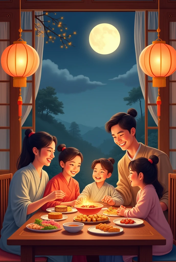 A family sitting together, Enjoy a festive dinner, Surrounded by a warm and comfortable atmosphere. The room was beautifully decorated，Equipped with lanterns, Symbolizes the joy of Mid-Autumn Festival. The table is filled with all kinds of delicious food, Includes traditional mooncakes. Moonlight shone through the windows, Casting a soft glow on everyone&#39;s face. The family is talking and laughing, 在这个特殊的时刻表达他们的like和幸福. Artworks are made from the finest materials, Such as oil painting or high-resolution digital rendering, Ensure the highest quality and detail. Bright colors, Create visually stunning presentations for holiday celebrations. Carefully designed lighting, Focus on capturing the warm and peaceful atmosphere of the night. This piece of art is a masterpiece, With ultra-fine elements and realism, Realistic style. The moon in the night sky is depicted as a perfect circle, Represents the full moon of the Mid-Autumn Festival. The scene is full of joy, like, and togetherness, Capture the essence of the festival.You can see the full moon hanging high in the sky