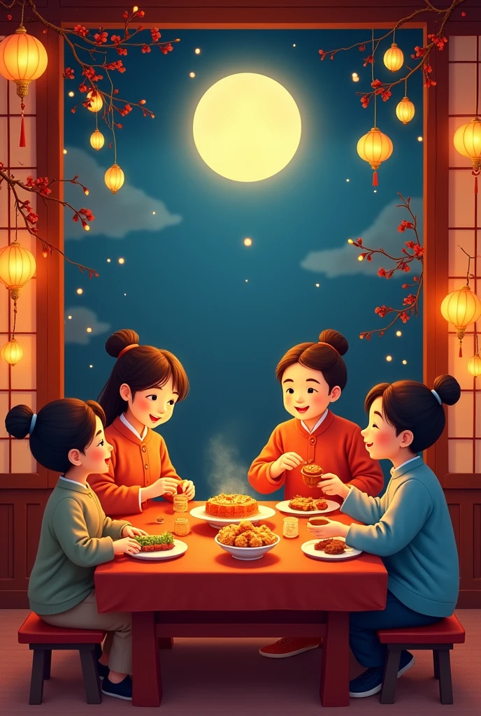 A family sitting together, Enjoy a festive dinner, Surrounded by a warm and comfortable atmosphere. The room was beautifully decorated,Equipped with lanterns, Symbolizes the joy of Mid-Autumn Festival. The table is filled with all kinds of delicious food, Includes traditional mooncakes. Moonlight shone through the windows, Casting a soft glow on everyone's face. The family is talking and laughing, 在这个特殊的时刻表达他们的like和幸福. Artworks are made from the finest materials, Such as oil painting or high-resolution digital rendering, Ensure the highest quality and detail. Bright colors, Create visually stunning presentations for holiday celebrations. Carefully designed lighting, Focus on capturing the warm and peaceful atmosphere of the night. This piece of art is a masterpiece, With ultra-fine elements and realism, Realistic style. The moon in the night sky is depicted as a perfect circle, Represents the full moon of the Mid-Autumn Festival. The scene is full of joy, like, and togetherness, Capture the essence of the festival.You can see the full moon hanging high in the sky