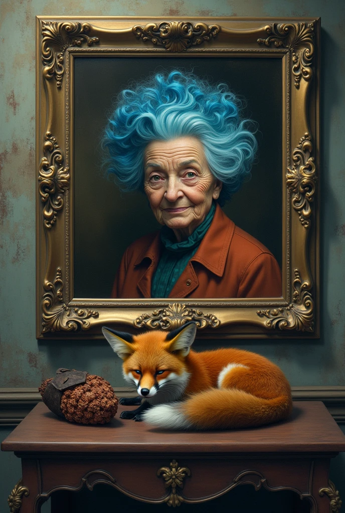 A picture frame with a picture of a very old woman with very curly blue hair
It is hanging on the wall with an orange fox
A beautiful coffin with a little fox sleeping on it