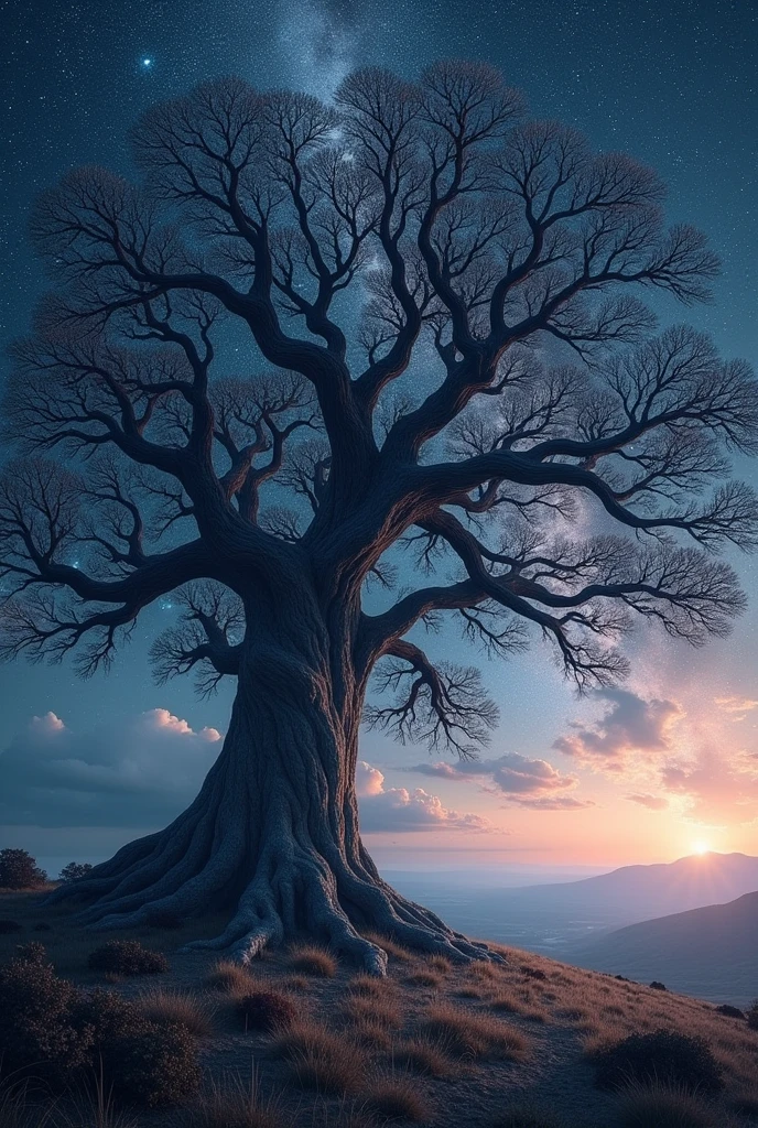 Tree with long spreading branches against the background of stars and galactic sky. Elongated landscape.