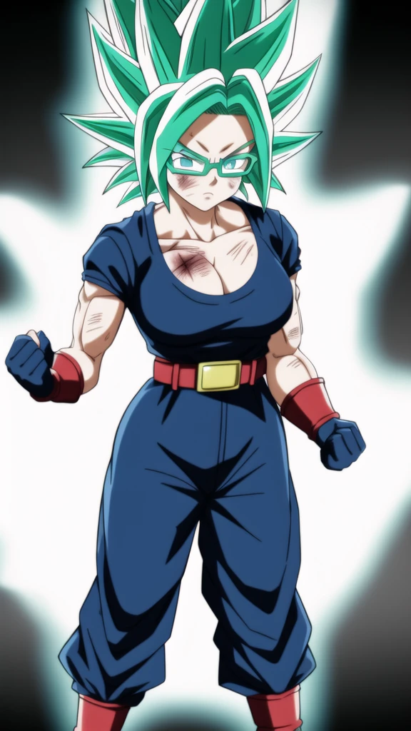 dbsuper style,
Girl, green aura, super saiyan aura, belt, cyan hair, huge hair, bruise, bruise on face, clenched hands, frown, glasses, gloves, blue eyes, grey gloves, injury, medium breasts, soft muscular, solo, spiked hair, super saiyan, super saiyan 4, mouth opened, furious, military's uniform, widow's preak
, ((masterpiece))