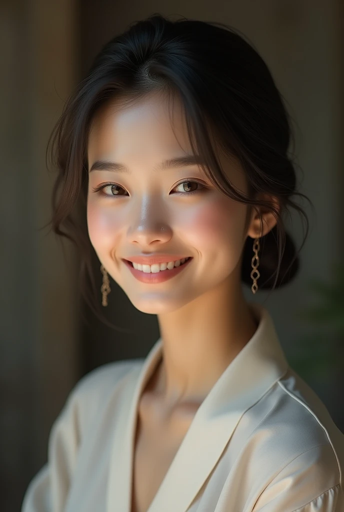 Make a picture of a young Asian (Thai) woman with low bun hair and earrings smiling sideways. It has a soft bokeh blur texture with dark undertones.