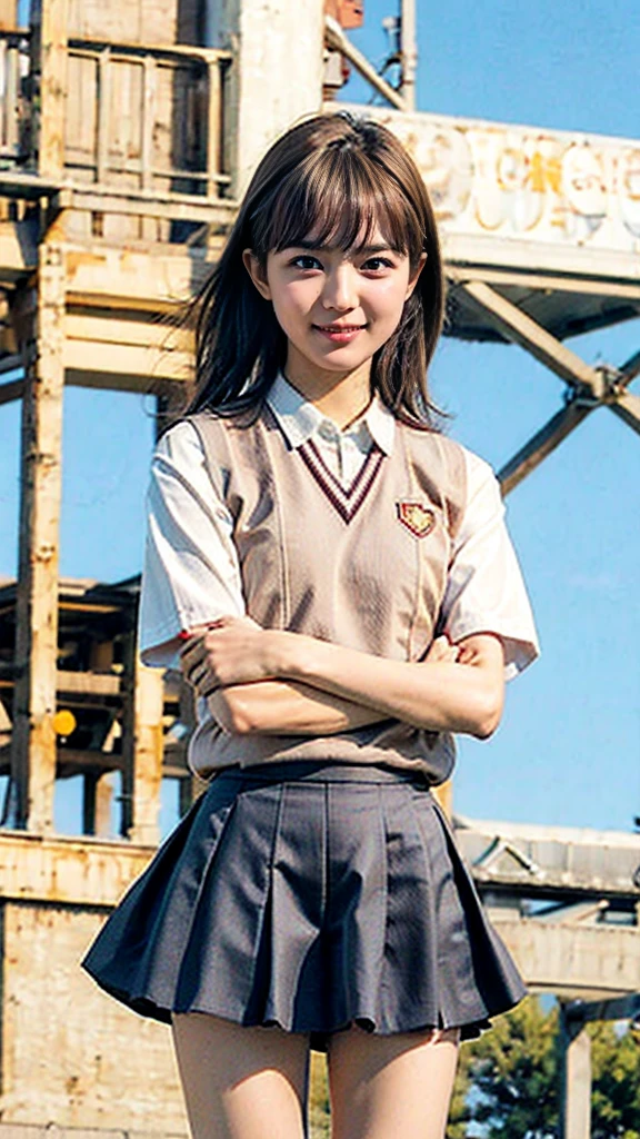 masterpiece, Highest quality, High resolution,8k， 1 hair clip, Tokiwadai School Uniform、Tokiwadai school emblem on the left chest、Short sleeve、 Photorealistic,Several wind turbines can be seen nearby.、blue sky、smile、Raise your index finger、Electricity shoots out from my fingers、Electric shocks burst from the body、Light grey mini skirt