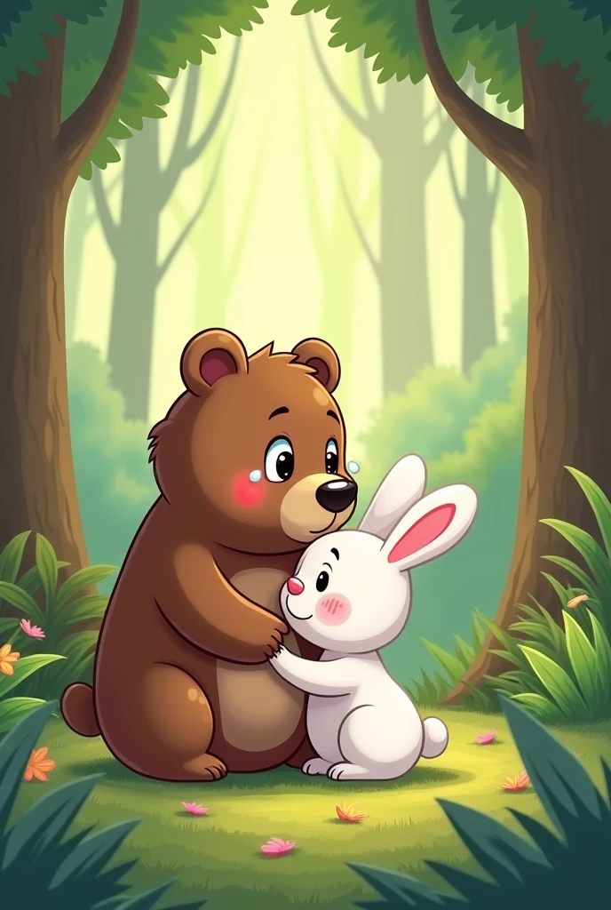 Create a cartoon of a brown bear in a forest crying and a white rabbit